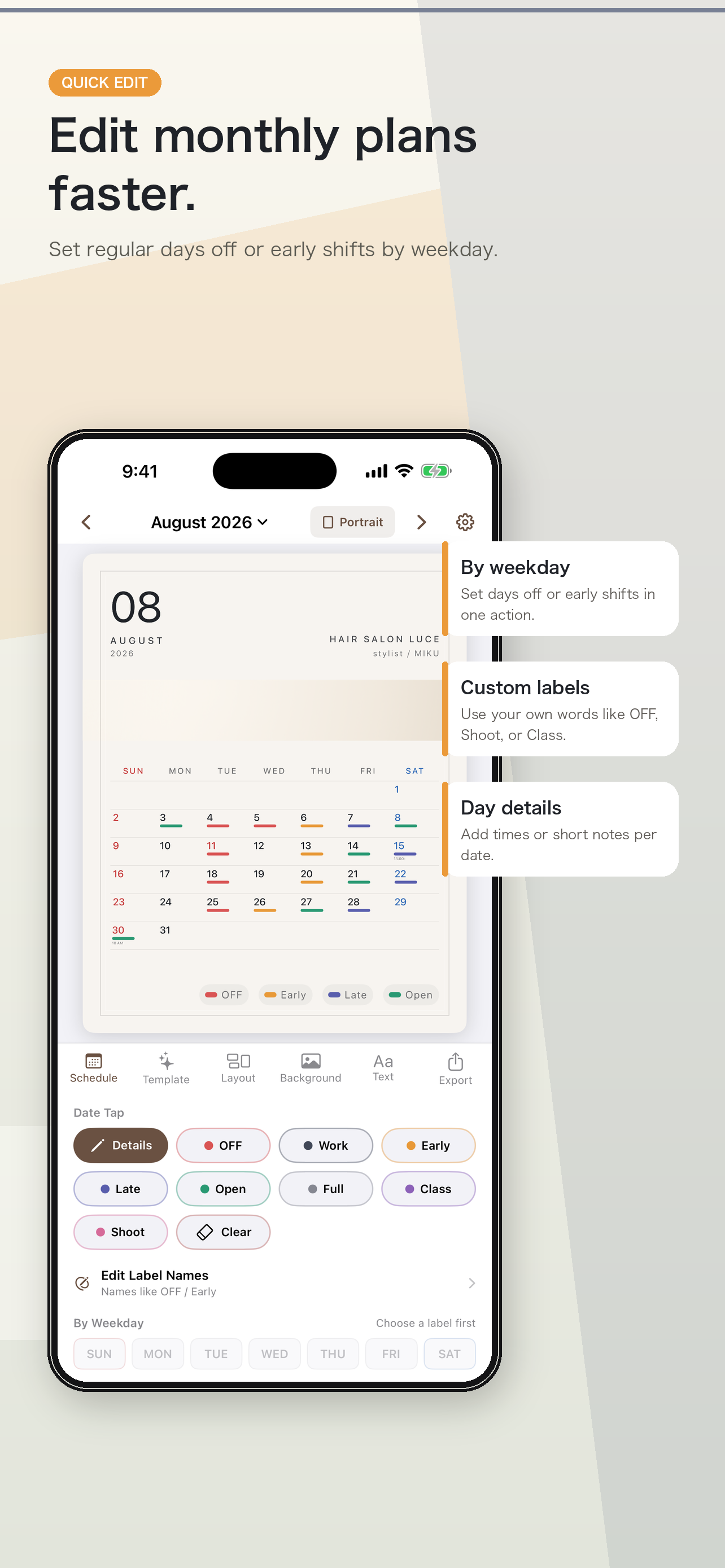 The Salon Calendar schedule editing screen